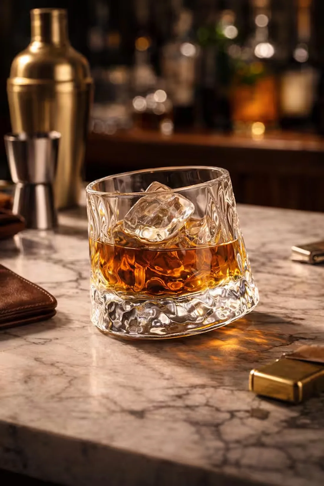 Un bicchiere di amaro con ghiaccio sul banco di un bar