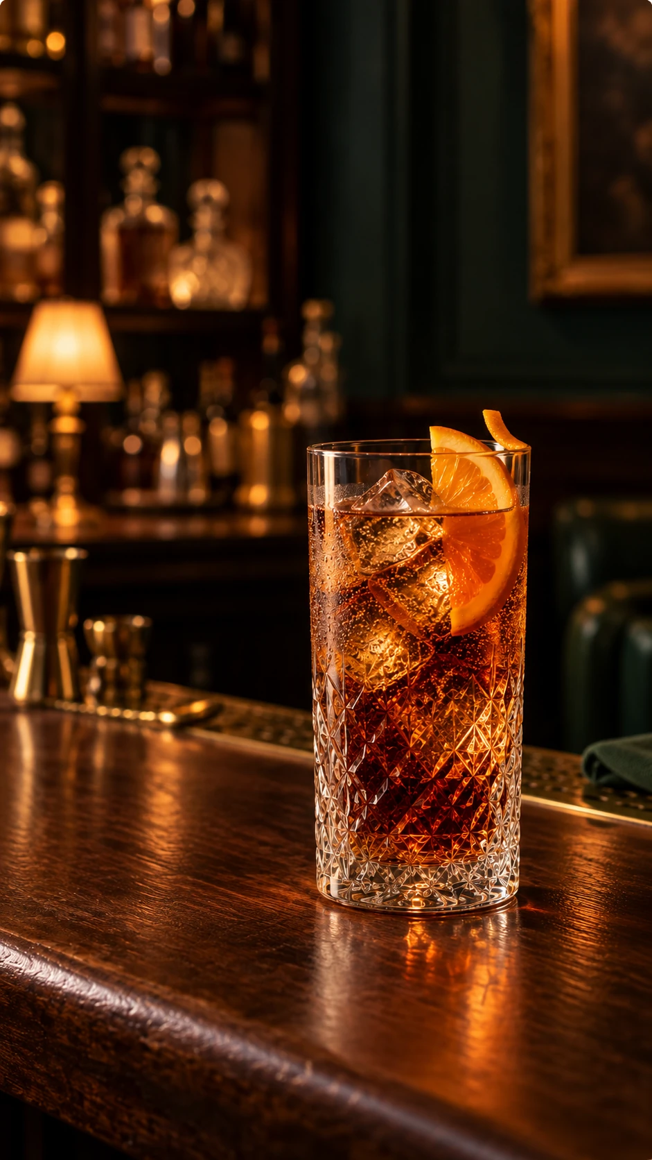 Un long drink con Elisir di San Michele, ghiaccio e scorza d’arancia sul bancone di un bar